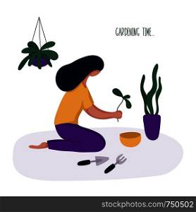 Young girl or woman and her hobby or daily activity - floriculture, gardening, watering potted home plants. Cute female character in greenhouse, flat style, vector illustration. People Hobby Concept