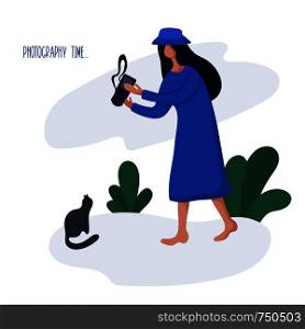 Young girl or woman and her hobby or daily activity - photographing nature and landscapes, walking with a camera. Cute female character and cat, flat style, vector illustration. People Hobby Concept