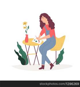 Young girl painting outdoor. Favorite hobby, leisure time. Vector illustration. Young girl painting outdoor. Favorite hobby