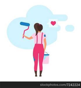 Young girl painting wall flat vector illustration. Woman choosing color for interior design cartoon character. Home service and house maintenance. Apartment repair, painting wall with roller brush