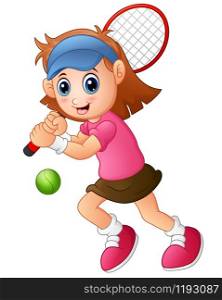 Young girl playing tennis on a white background