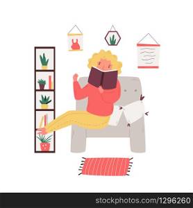 Young girl reading a book on a couch. Vector illustration. Book lover character. Young girl reading a book on a couch.