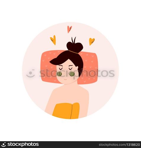 Young girl relaxing at spa. Self care procedures. Vector illustration. Young girl relaxing at spa. Self care procedures.
