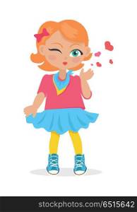 Young Girl Sent Air Kiss Isolated on White. Vector. Young girl sent air kiss isolated on white. Little cartoon lady sent kisses. I love you, first date, Valentines Day. School girl give a wink. Romantic toddler. Vector illustration in flat style