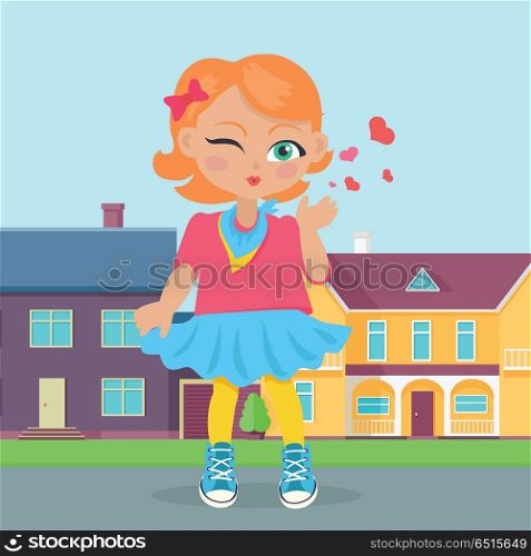 Young Girl Sent Air Kiss. Vector. Young girl sent air kiss on sreet. Little cartoon lady sent kisses. I love you, first date, Valentines Day. School girl give a wink. Romantic toddler. Vector illustration in flat style