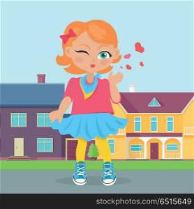 Young Girl Sent Air Kiss. Vector. Young girl sent air kiss on sreet. Little cartoon lady sent kisses. I love you, first date, Valentines Day. School girl give a wink. Romantic toddler. Vector illustration in flat style