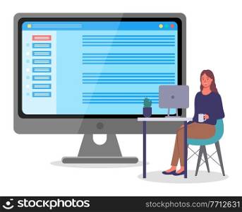 Young girl sits at table with monoblock, holds coffee in her hand, cactus on table, huge conceptual monitor with web chat or webinar. Online conference, employees, partners or colleagues communicate. Girl at table with laptop in front of huge conceptual monitor, webinar, online conference, chatting