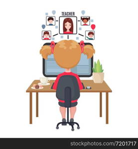 Young girl sitting at a table and studying at the computer at home . Online education concept in cartoon style isolated on white background. Stay at home. Vector illustration. Young girl sitting at a table and studying at the computer at home .