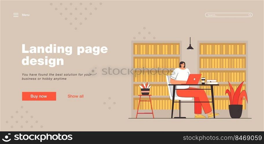 Young girl sitting at desk in library. Lady studying on laptop at table, bookshelves with books by wall, reading room interior flat vector illustration. Education concept for banner, website design