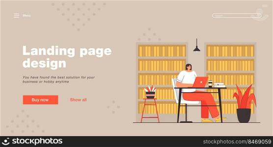 Young girl sitting at desk in library. Lady studying on laptop at table, bookshelves with books by wall, reading room interior flat vector illustration. Education concept for banner, website design