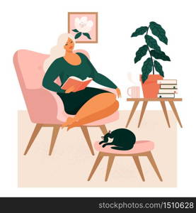 Young girl sitting in comfortable armchair and drinking tea or coffee in room furnished in Scandinavian style. Woman spending evening time at home. Colored vector illustration in flat cartoon style.. Young girl sitting in comfortable armchair and drinking tea or coffee in room furnished in Scandinavian style. Woman spending evening time at home. Colored vector illustration in flat cartoon style