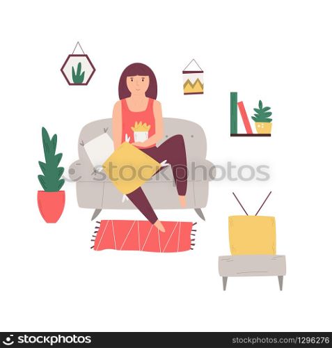 Young girl sitting on a couch, eating popcorn and watching television. Vector illustration. Young girl sitting on a couch, watching television
