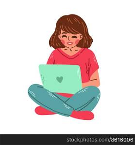 Young girl sitting on the floor and studying on laptop. Flat illustration of e learning and tutorial concept.