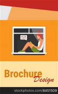 Young girl sitting on window with tablet. Message, mail, teenager flat vector illustration. Communication and digital technology concept for banner, website design or landing web page