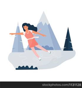 Young girl skating on ice rink. Winter holiday scene. Vector illustration of winter sports. Young girl skating on ice rink Winter holiday scene