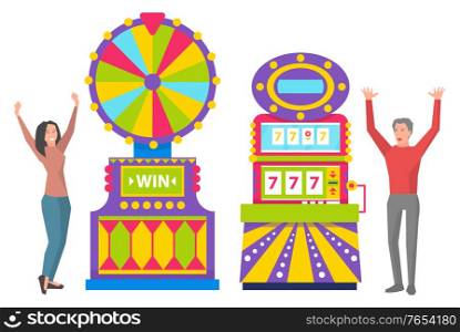 Young girl spinning colorful roulette wheel. Man playing slot machines. Excited people winning money in casino. Game of chance, taking risks, gambling vector. Cheerful Man and Woman Playing Casino Games Vector