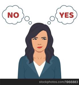 Young girl standing confusedly to choose YES or NO, flat style vector illustration cartoon character. Concept of choice, selection, answer, reply, accept of refuse. Use with advertisement or business