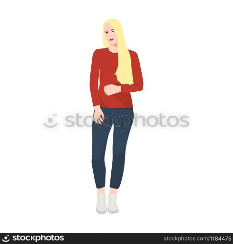Young girl standing in pants and sweater on a white background. People icon. Young girl standing in pants and sweater on a white