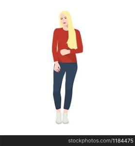 Young girl standing in pants and sweater on a white background. People icon. Young girl standing in pants and sweater on a white
