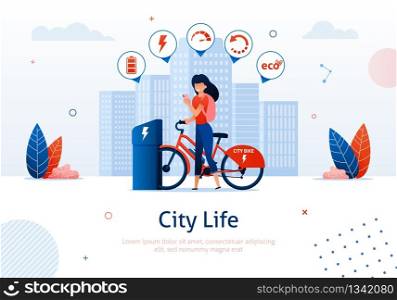 Young Girl Standing near Electric Bicycle Charging At Station Banner. Hybrid Transport Flat Vector Illustration. Modern Bike Fulling Battery with Wall Outlet Plug Wire. EV Station.. Young Girl Charging Electric Bicycle At Station.