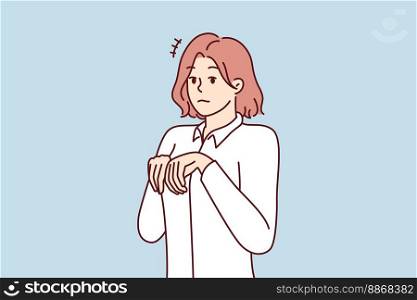 Young girl stands like puppy or bunny, bending palms near chest in pose symbolizing obedience and humility. Attractive woman in white shirt looks at screen in embarrassment. Flat vector image . Girl stands like puppy or bunny, bending palms near chest in pose symbolizing humility. Vector image