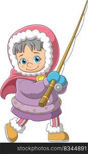 Young girl teen dressed in winter warm clothes and holding fishing stick of illustration