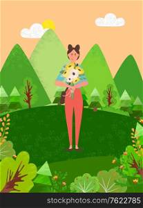 Young girl walking in forest among green trees, bushes. Pretty woman with bouquet of flowers on meadow with blooming plants, cartoon female with sack. Young Girl Walking in Forest Among Trees, Bushes