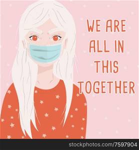 Young girl wearing a surgical mask. Corona virus 2019-nCov motivation poster design with positive message. Flat vector illustration