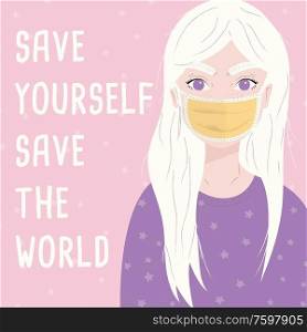 Young girl wearing a surgical mask. Corona virus 2019-nCov motivation poster design with positive message. Flat vector illustration