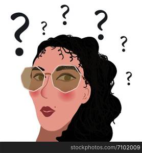 Young girl wearing glasses looking confused and surprised. Surrounded by question and decision making. . Young girl with glasses confused and surprised.