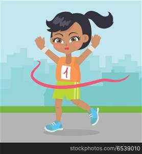 Young Girl Win the Race Little Runner Sport Banner. Young girl win the race. Little runner. Sport banner. Competitions, achievements, best results. Competitions, achievements. Athletes perform to show best results and win a trophy. Vector illustration