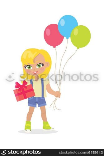 Young Girl with Balloons and Present Box Isolated. Young girl with balloons and present box isolated on white. Little lady goes to party. Blond toddler with colourful air balloon. Children every day activities. Vector illustration in flat style design