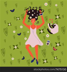 Young girl with earbuds enjoys music and dancing wearing wild flowers in her hair flat vector illustration