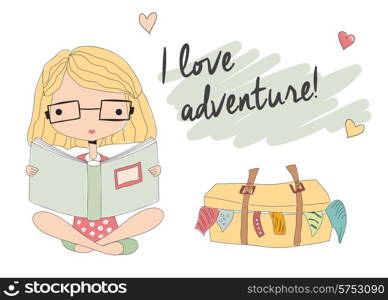 Young girl with glasses reading a book, packed suitcase, vector illustration