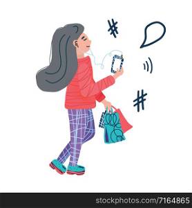 Young girl with shopping bags listens to a music, audiobook or podcast while walking. Girl with phone in flat style isolated on white background. Vector color illustration.