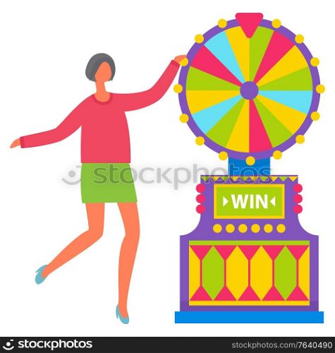 Young girl with short dark hair in pink shirt and green skirt spinning colorful roulette wheel. Beautiful female casino worker, dealer, gambling vector. Machine for gambling and winning money. Girl in Green Skirt Spinning Roulette Wheel Vector