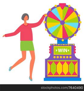 Young girl with short dark hair in pink shirt and green skirt spinning colorful roulette wheel. Beautiful female casino worker, dealer, gambling vector. Machine for gambling and winning money. Girl in Green Skirt Spinning Roulette Wheel Vector