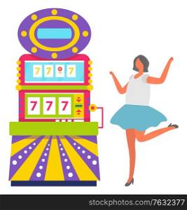 Young girl with short dark hair wearing white top and blue skirt playing slot machine. Excited woman winning money in casino, game of chance. Gambling vector illustration in flat cartoon style. Girl in Blue Skirt Playing Slot Machine Vector