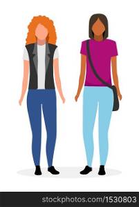 Young girls flat vector illustration. Mulatto woman and red haired lady cartoon characters isolated on white background. Female friends in casual style. Caucasian and african american modern women