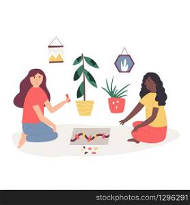 Young girls playing table top games. Leisure time, hobby concept. Vector illustration. Young girls playing table top games.