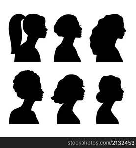 Young girls side silhouettes. Ethnic black white girl heads, woman fashion models blacks persons, beautiful female sides faces, teenager drawing lady profiles portraits vector graph. Young girls side silhouettes