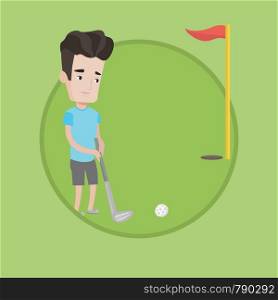 Young golfer hitting the ball in the hole with red flag. Professional golfer on golf course. Young caucasian golfer playing golf. Vector flat design illustration in the circle isolated on background.. Golfer hitting the ball vector illustration.