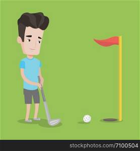 Young golfer hitting the ball. Professional golfer on golf course. Young man playing golf. Vector flat design illustration. Square layout.. Golfer hitting the ball vector illustration.