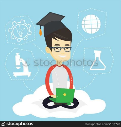 Young graduate sitting on cloud with laptop on knees. Graduate using cloud computing technologies. Concept of educational technology and cloud computing. Vector flat design illustration. Square layout. Graduate sitting on cloud vector illustration.