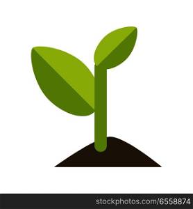 Young green sprout from the ground in flat. Arbor Day. Earth day. Ecology concept. Save the world concept. Isolated object on white background. Vector illustration.. Young Green Sprout from the Ground