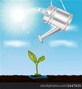 Young growing sprout in springtime design concept with metal watering at sky and sunlight background vector illustration . Young Sprout In Springtime Design Concept