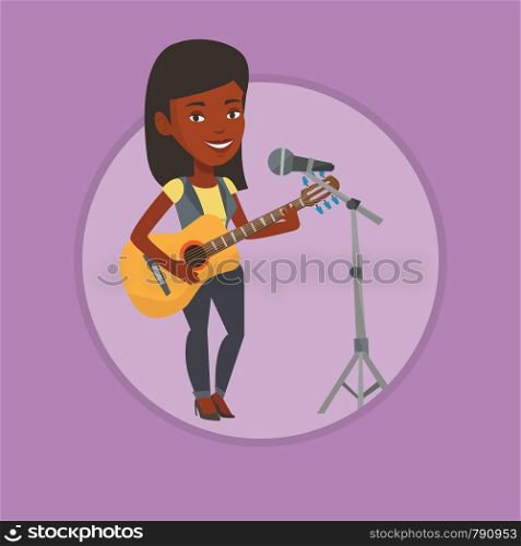 Young guitar player singing song and playing an acoustic guitar. Singer singing into a microphone and playing an acoustic guitar. Vector flat design illustration in the circle isolated on background.. Woman singing in microphone and playing guitar.