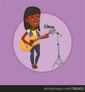 Young guitar player singing song and playing an acoustic guitar. Singer singing into a microphone and playing an acoustic guitar. Vector flat design illustration in the circle isolated on background.. Woman singing in microphone and playing guitar.