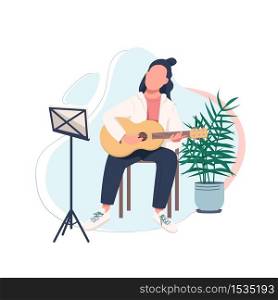 Young guitarist flat color vector faceless character. Acoustic guitar player. Learn to play musical instrument. Musician isolated cartoon illustration for web graphic design and animation. Young guitarist flat color vector faceless character