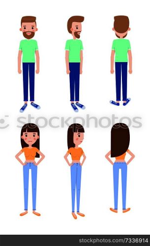 Young guy and girl models from all foreshortenings set. Girl and boy in casual clothes from front, back and side views isolated vector illustrations.. Young Guy and Girl Models from All Foreshortenings